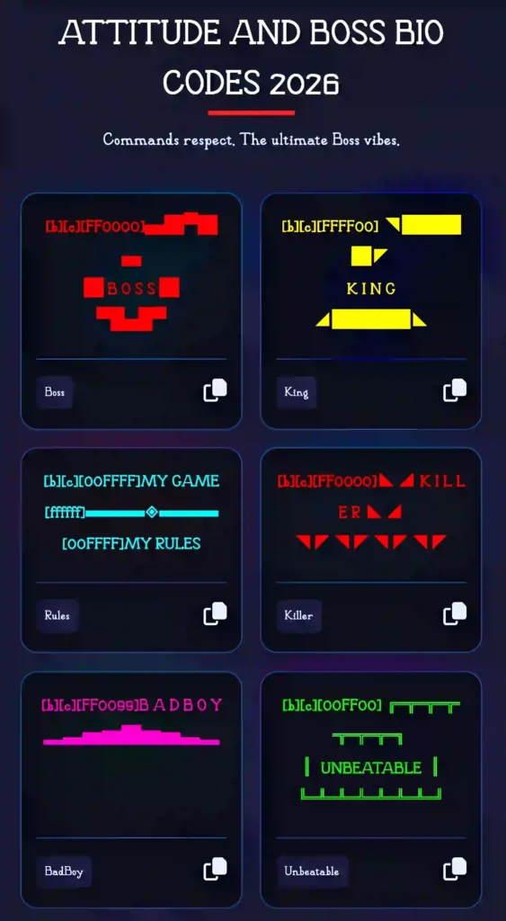 Free Fire Attitude Bio Code: Stylish and colour FF Bios 2026 37 Free Fire Attitude Bio Code